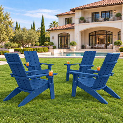 Ensemble de 4 chaises Adirondack surdimensionnées tout temps Aurra avec porte-gobelets rétractables, chaises de foyer en plastique HIPS (bleu marine)