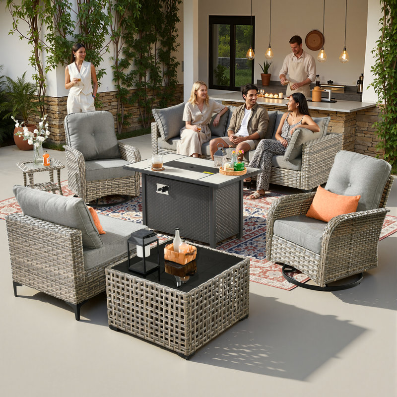6 Seats High Quality Pe Rattan Outdoor Furniture Sofa With Rocking Chair And Stove, Can Be Freely Combined, Dark Gray