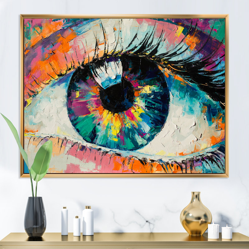 Œil de femme coloré turquoise - Œuvre d'art moderne sur toile, H 24 po x l 36 po x P 1 po, Toile encadrée flottante dorée
