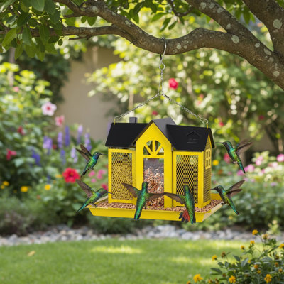 Large Capacity Outdoor Bird Feeder House Three-Tier Metal Mesh Wild Bird Feeder Durable Wild Bird Feeder 25X19X18Cm/9.9X7.5X7.1In, Yellow