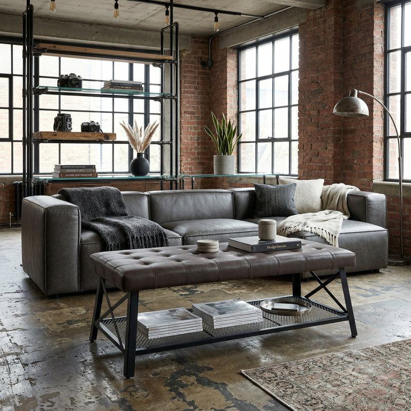 Tufted Faux Leather Upholstered Coffee Table, Soft Cushioned Center Table For Modern Living Room & Home Furniture