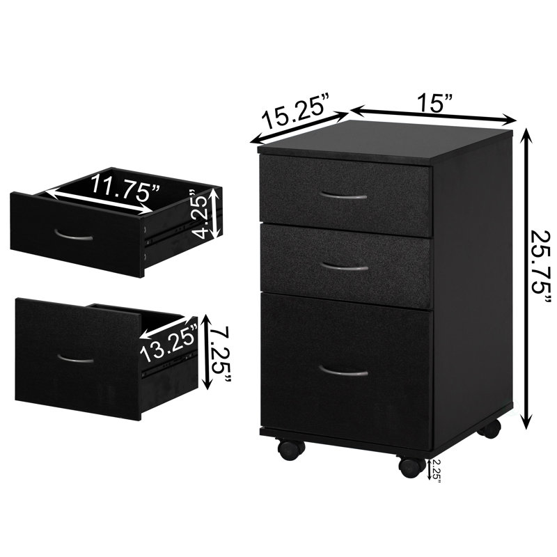 Lokman 15'' Wide 3 -Drawer Mobile File Cabinet, Black