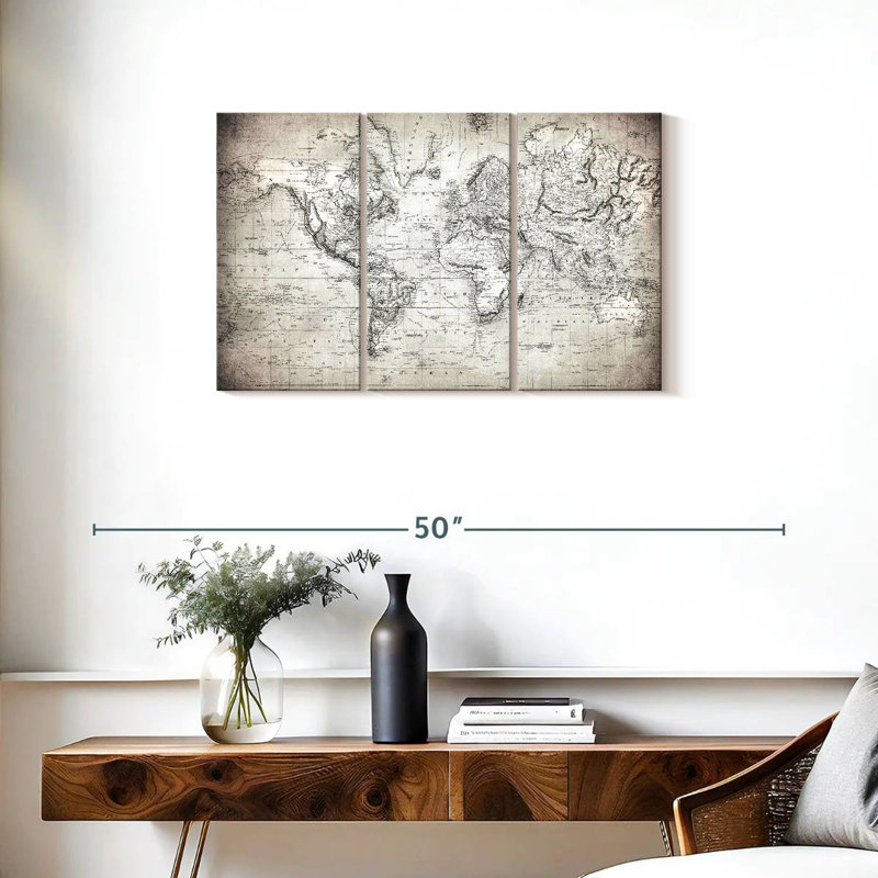 Carte du monde simple sur toile, ensemble de 3 pièces, H 33 po x l 20 po x P 1,25 po
