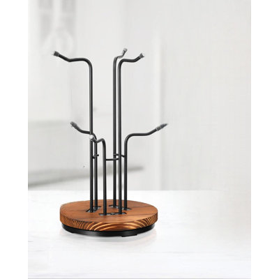 360° Rotating Mug Tree For Large Cups, Counter Coffee Mug Holder With 6 Hooks, Metal Coffee Cup Rack Stand For Countertop With Stable Wooden Base, Kitchen Counter Decor