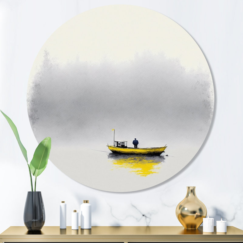 Bateau brouillard jaune sur lac I - art mural rond en métal bord de mer, H 36 po x l 36 po x P 1 po