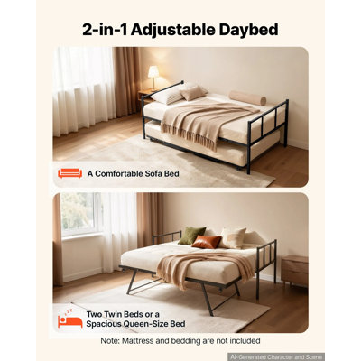 Twin Daybed with Pop Up Trundle Metal Twin Daybed Frame Rectangular, for Living Room Bedroom Guest Room, Space Saving, Heavy-Duty Metal Sofa Bed Support, 2 Lockable Casters, Easy Assembly, Black