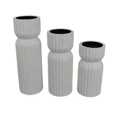 Solano Tall Candleholder Set Of 3, Ribbed Texture, White Carved Wood