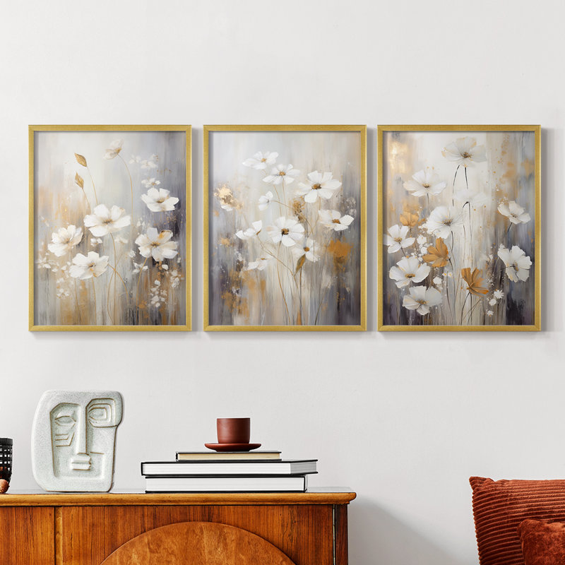 Floral Study Series XCVI -Set de 3 estampes numériques giclées -Prêt à accrocher, Cadre doré, H 10 po x l 8 po