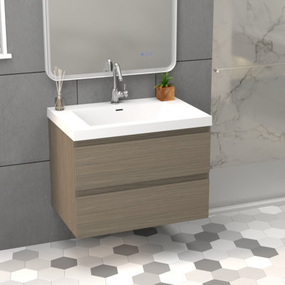 30 inch wall mounted bathroom vanity with resin engineered stone White sink, Two drawers with hidden soft-close slides, Floating cabinet, Excludes faucet and drainage system