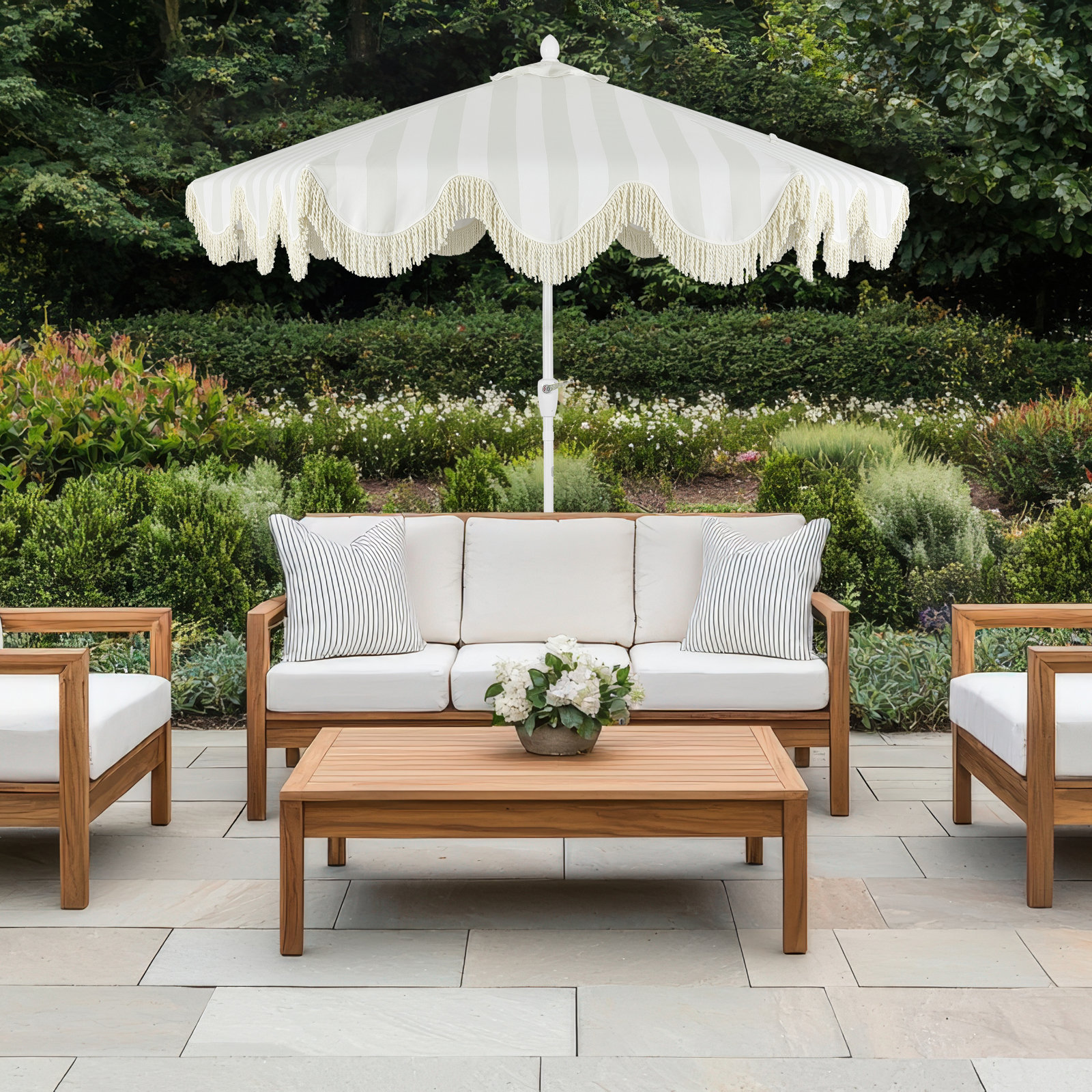 Teretha 9' Market Umbrella, Light Gray/White/Cream Striped, White