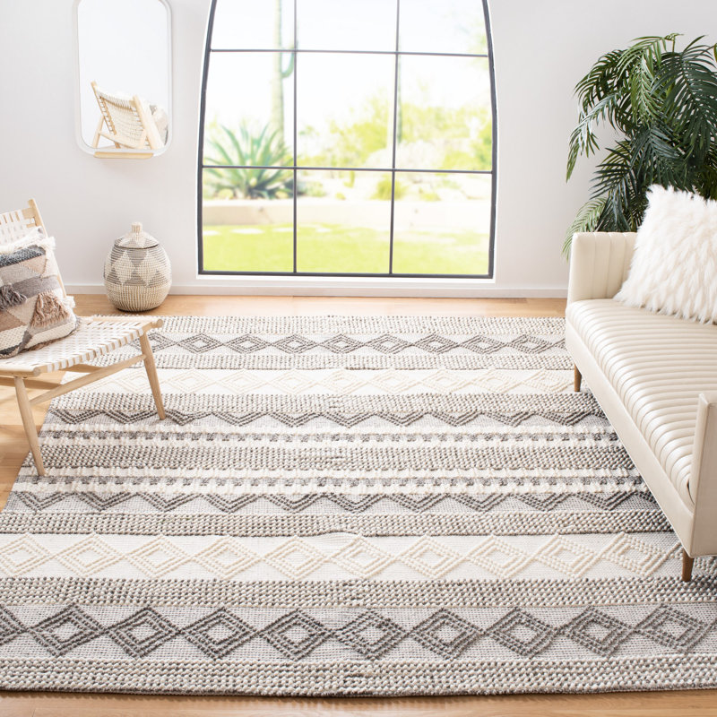 Tapis gris / ivoire en laine / coton tissé à la main à rayures Jacques, Rectangle 11 pi x 15 pi