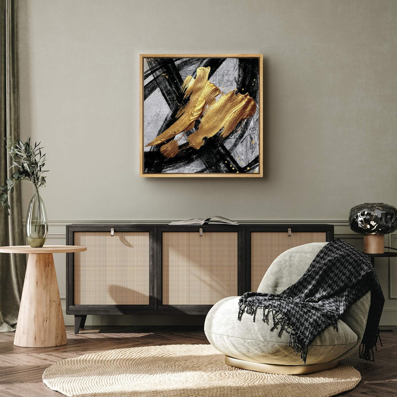 Coups de peinture noirs et dorés - reproduction de cadre flottant sur toile, H 24 po x l 24 po x P 1,5 po, Encadré naturel