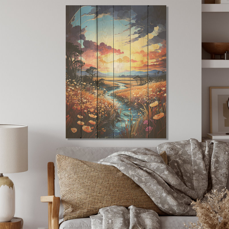 Coucher de soleil sur les champs merveilleux - Art sur bois de pin naturel, H 32 po x l 24 po