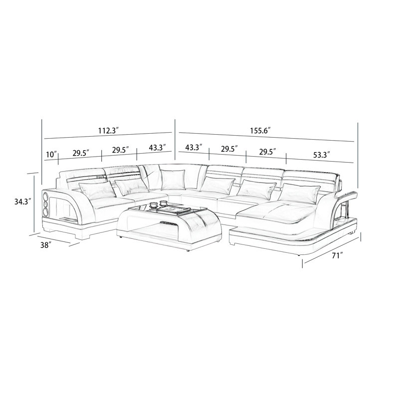 Arcadius Upholstered U-Shaped Sectional, Black/White Leather , Right Hand Facing