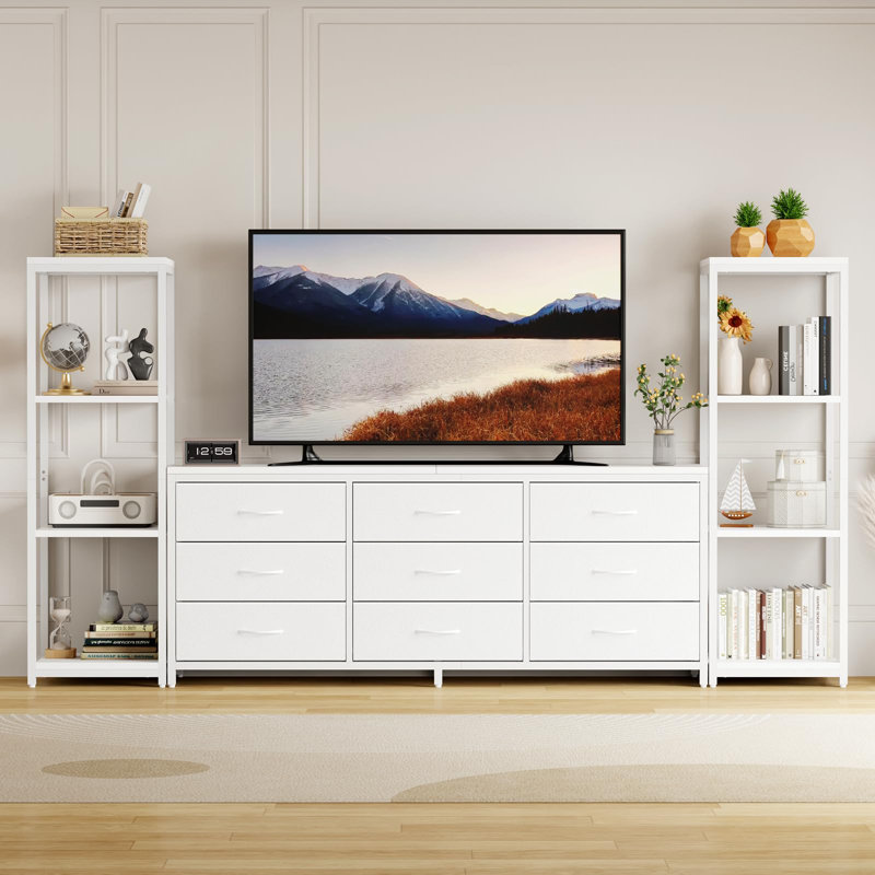 TV Stand for 75 Inch TV, Entertainment Center with LED Lights & Power Outlets, Modern TV Media Console with 9 Drawers and Bookshelves for Living Room