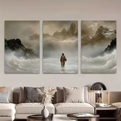 Tableau traditionnel religieux représentant Jésus marchant sur l'eau en pleine tempête, composé de 3 toiles (61 cm x 122 cm) - Décoration de salon