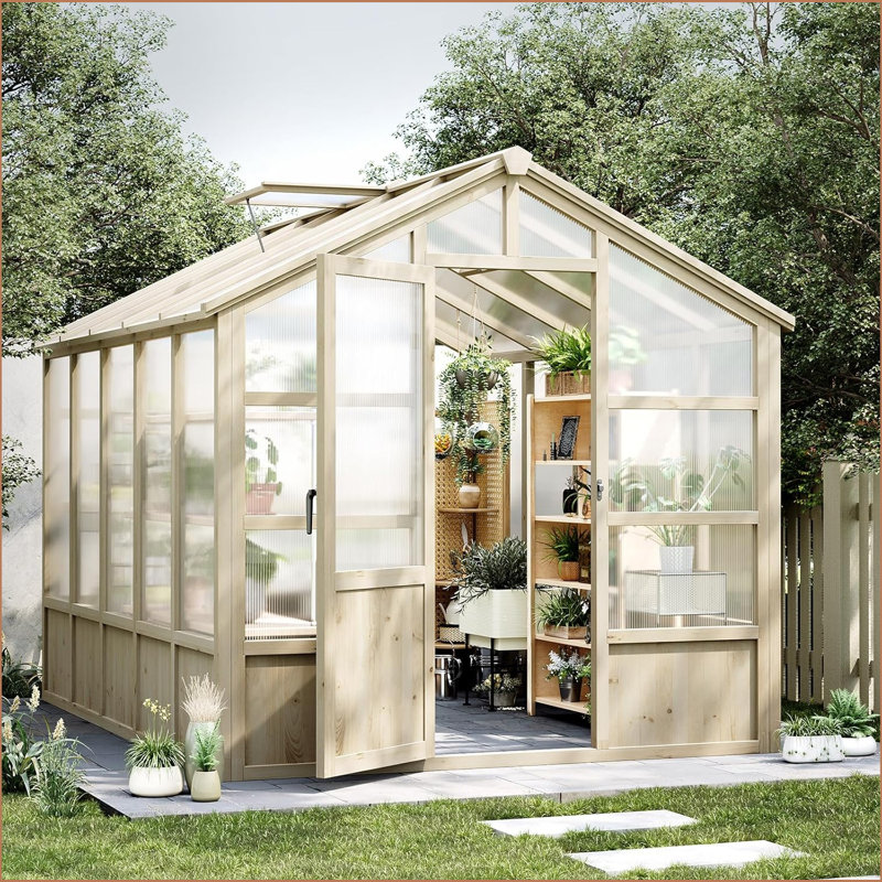 8 Wooden Greenhouse,,Plant Garden Shed Greenhouses For Outdoors With Lockable Door, Wood Frame & Adjustable Vent, Heavy Duty Greenhouse With Polycarbonate Panel For Outside, Garden, Yard, Light Brown