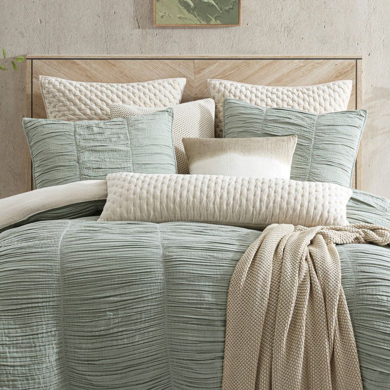 DKNY Pure Ruched Gauze Duvet Set Green, King Duvet Cover + 2 Pillow Shams