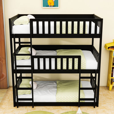 Twin Over Twin Over Twin Triple Wood Bunk Bed With Safety Fatures, Detachable Design
