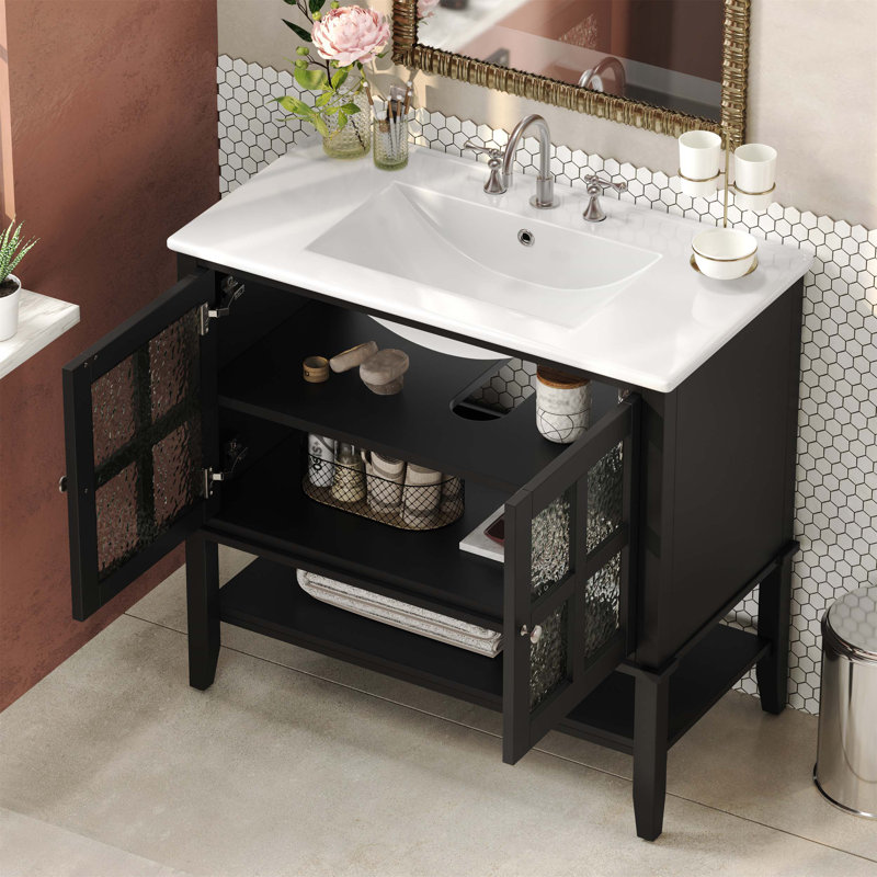 Meuble-lavabo de haute qualité avec lavabo en céramique, tablette réglable, tablette ouverte, pieds en bois massif, finition imperméable et quincaillerie de qualité supérieure pour une salle de bain fonctionnelle