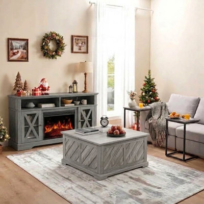 Ensemble de meubles de salon de style champêtre avec table basse relevable, meuble télé avec foyer et deux tables d'appoint