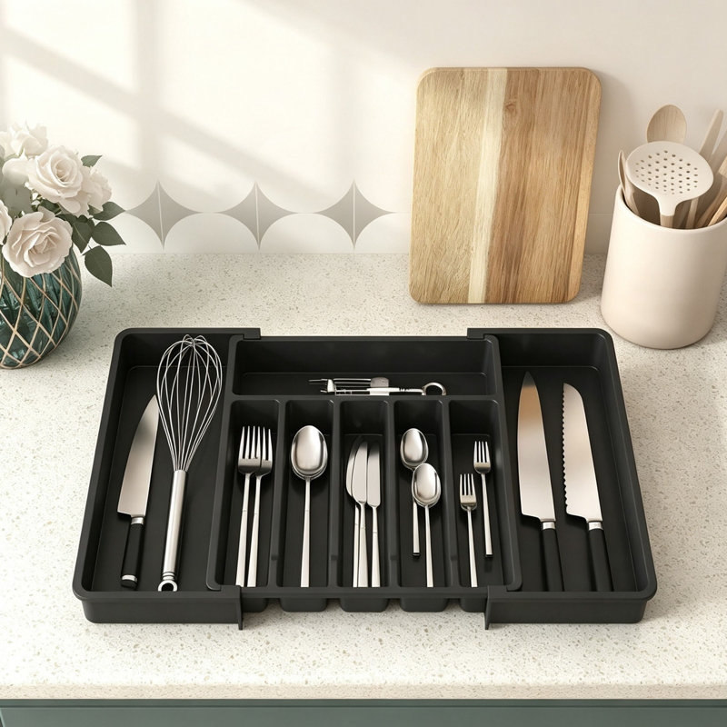 Expandable Cutlery Drawer Organiser, 6-8 Compartments Utensil Tray 5 x 57 x 42 cm