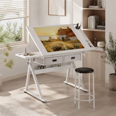 Table à dessin à hauteur réglable avec tiroirs de rangement inclinables et tabouret assorti pour les œuvres d'art créatives (seul le bureau est inclus)