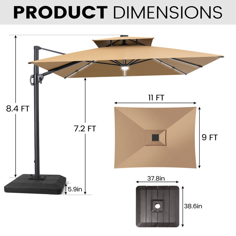 Parasol de patio rectangulaire en porte-à-faux avec lumières à DEL et base lestée 9 x 11 pi Wasif, Tanné