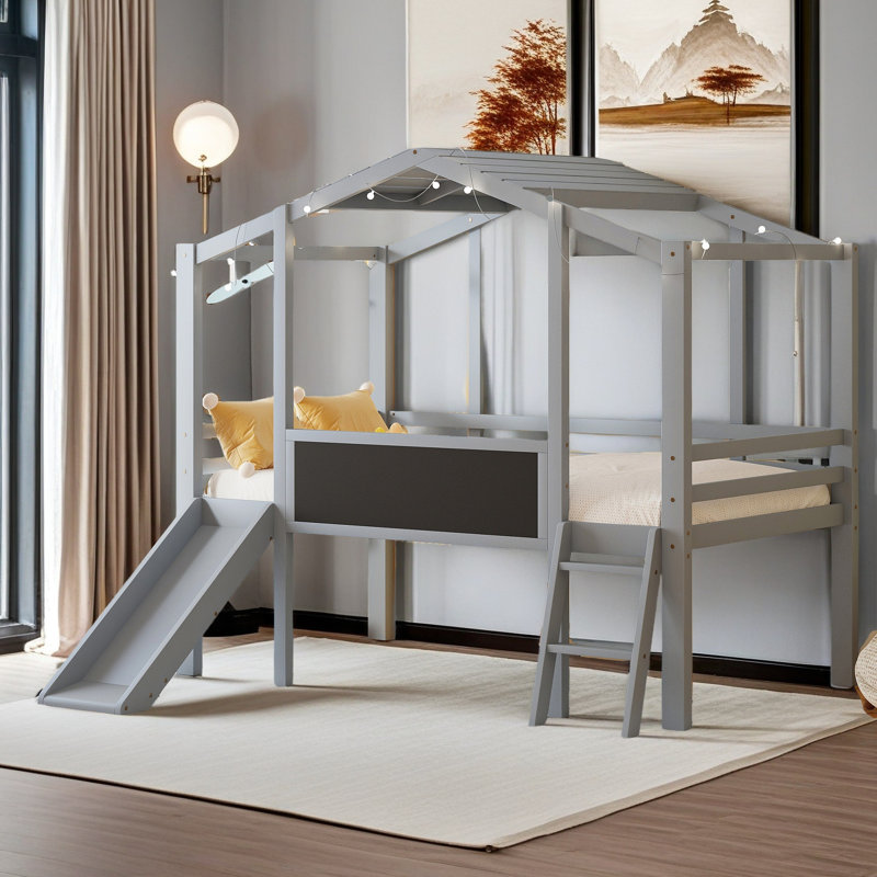 Lit mezzanine simple avec échelle et glissoire, lit maison avec tableau noir et bande lumineuse sur le toit, Gris