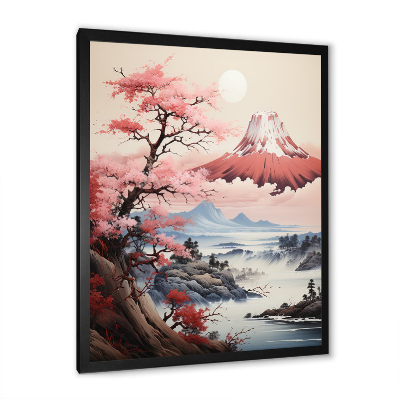 Rose, montagne du Japon, printemps, fleurs de cerisier IV - Japon, art mural, H 20 po x l 12 po x P 1 po, Cadre simple noir