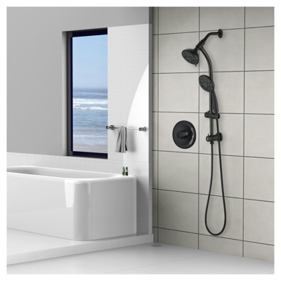 Système de douche double noir mat avec unité portative, 7 modes de jet, fixation murale