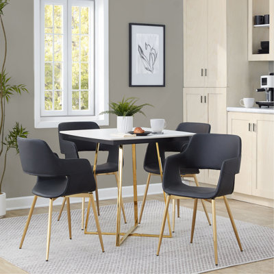 Table de salle à manger en métal avec plateau en bois effet marbre blanc