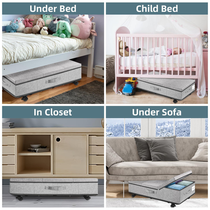 Contenants roulants de rangement sous le lit avec couvercles, organisateur de bacs de rangement pour chaussures sous le lit avec support inférieur en métal renforcé et trois poignées, paquet de 2 - gris