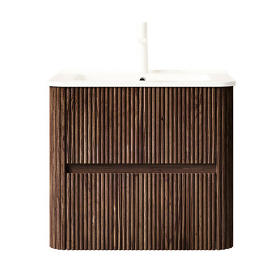 Meuble-lavabo 24 po avec lavabo, 2 tiroirs, céramique blanche, aspect noyer rétro, structure de tiroir stable