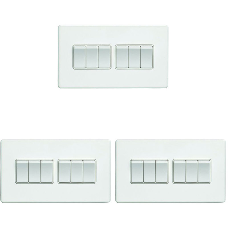 3 PACK 6 Gang Multi Light Switch SCREWLESS ANTIQUE BRASS 2 Way 10A Slim Rocker, White, White
