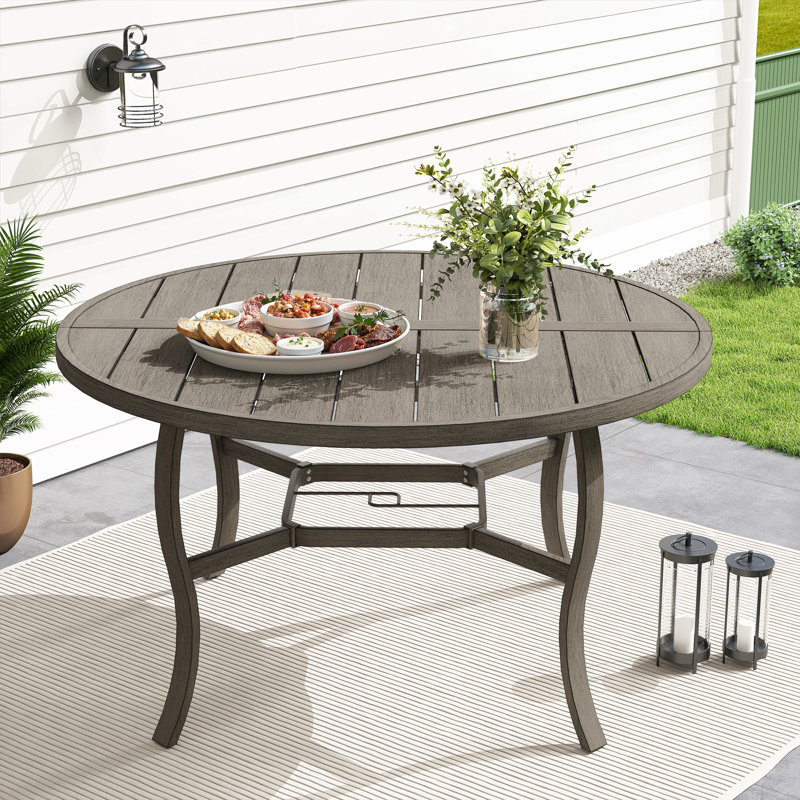 Moffett 52" Round Gray Aluminum Outdoor Dining Table With Umbrella Hole, 28.7" H x 52" W x 52" D