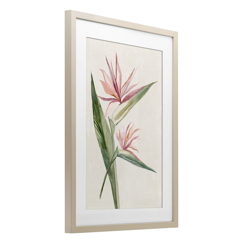 «Tropical Grace Birds of Paradise», reproduction sous verre encadrée, conception par Hannah Dawson, Cadre de récolte en pin