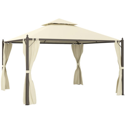 10' X 12' Gazebo. Steel Frame, Curtains For Privacy. Enhances Outdoor Living. Beige Double Canopy, Curtains. Ideal Lounging.