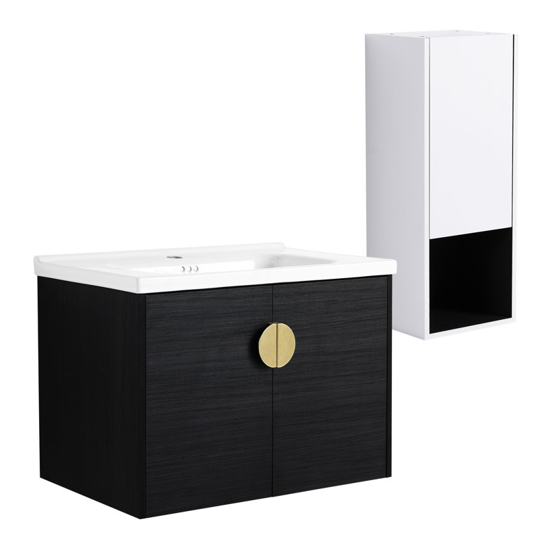 Meuble-lavabo de salle de bain avec lavabo en céramique et unité latérale - armoire de rangement moderne 28 po châtaignier noir
