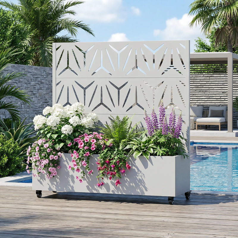 Metal Planter Box with Trellis with Wheels, 47" H x 47" W x 16" D, White