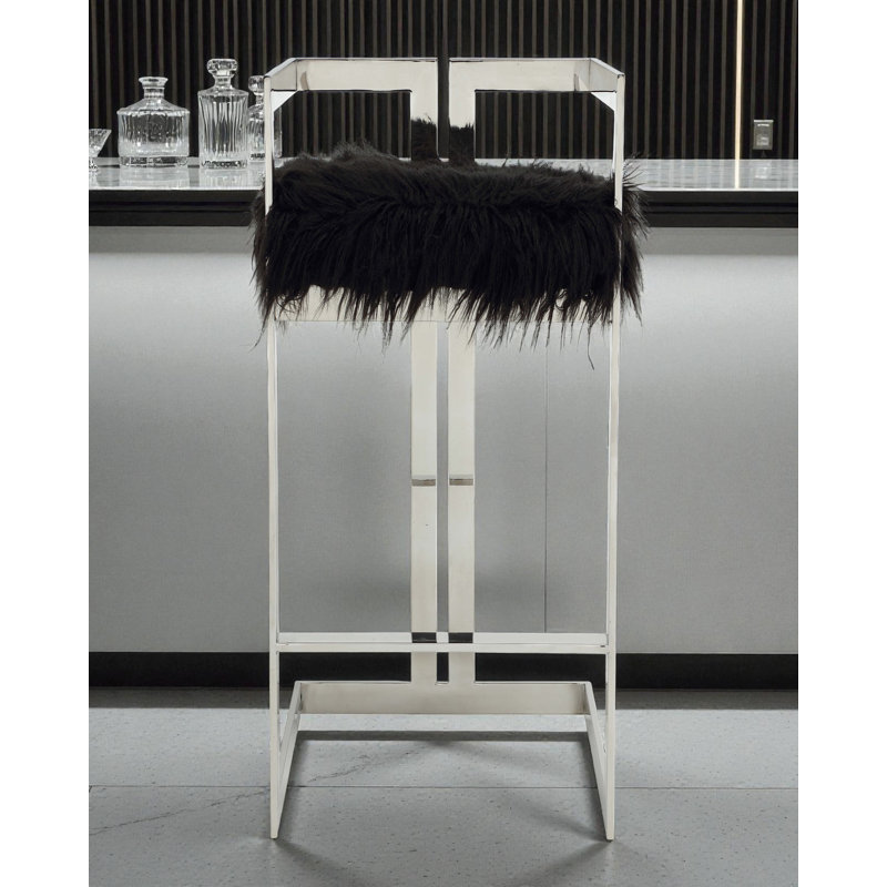 Tabouret de bar Kangé Pangea Home, Similifourrure noire, Argent argent, Tabouret de bar (siège d'une hauteur de 29,5 po)