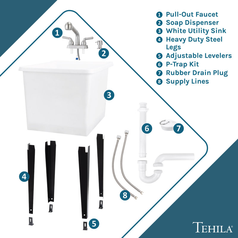 17.75 In. X 23.25 In. Freestanding Space Saver Utility Sink Pull-Out Faucet, Soap Dispenser, Stainless Steel, White