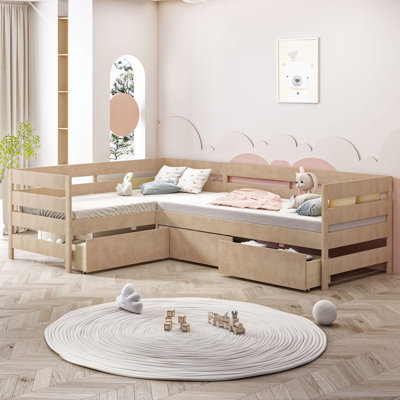 Lit plateforme simple en forme de L avec 3 tiroirs de rangement, structure en bois massif, mobilier de chambre peu encombrant, naturel