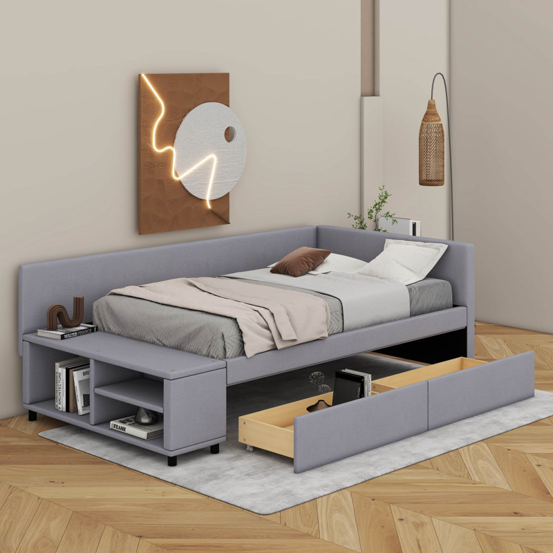 Lit plateforme simple tapissier en forme de L avec tiroirs, Gris