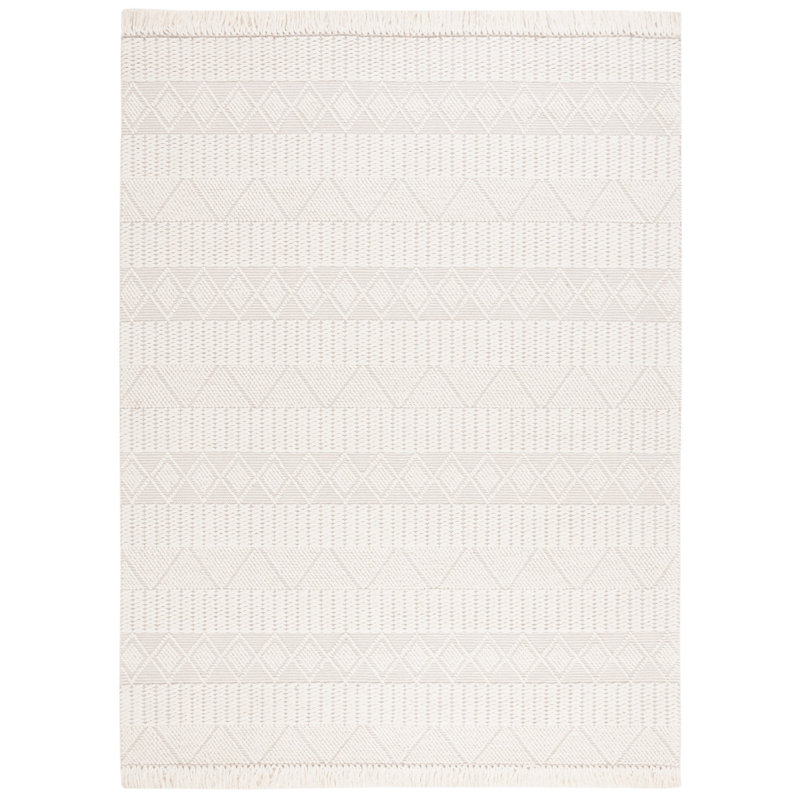 Tapis en laine fabriqué à la main à motif géométrique ivoire / gris Jaylenne, Rectangle 8 pi x 10 pi