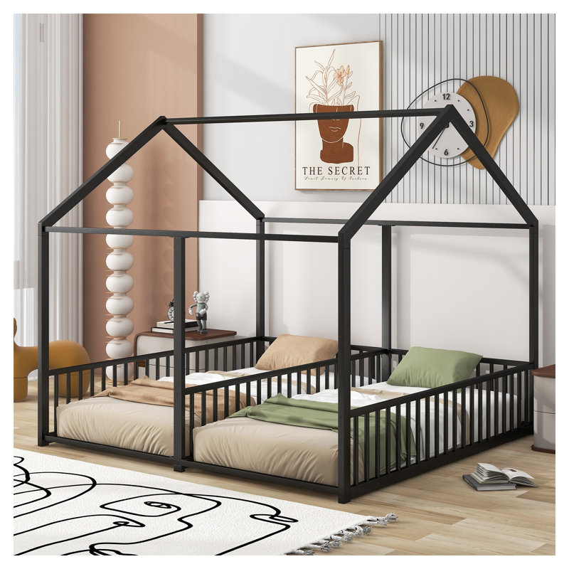 Lits plateforme en métal pour lit simple pour enfants, cadre de lit à deux places noir avec garde-corps de sécurité