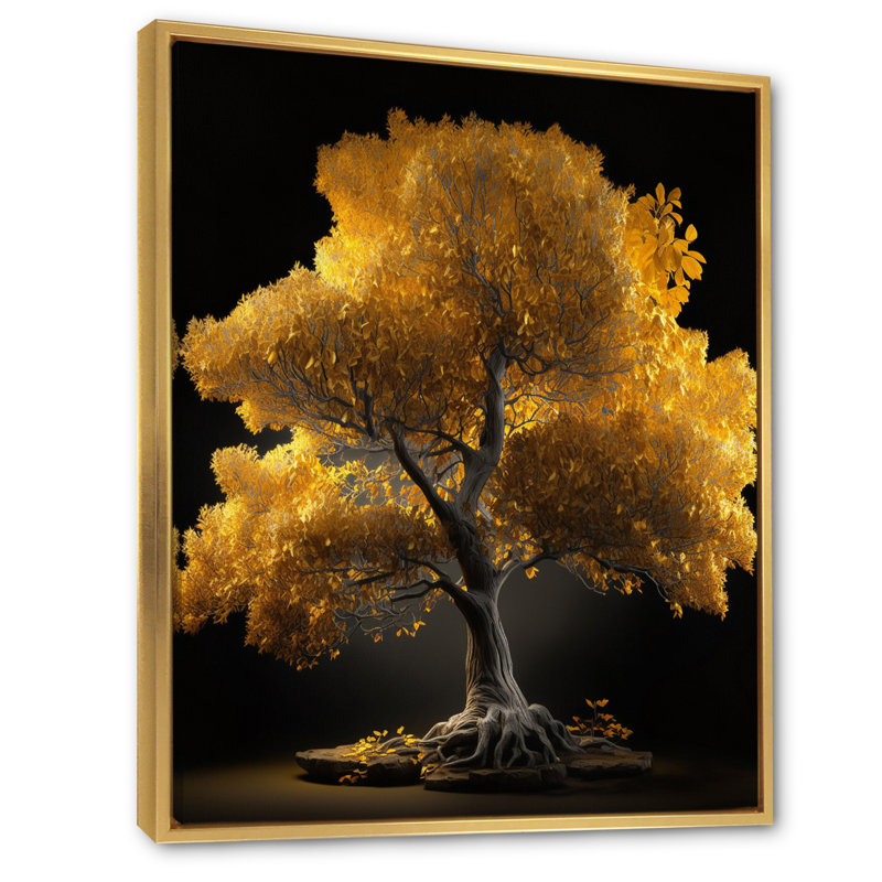 Arbre d'or jaune majestueux sur toile, Cadre flottant doré, H 20 po x l 12 po x P 1 po