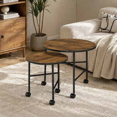 2 Piece Nesting Table Set with Caster-Wheels, Vintage Oak