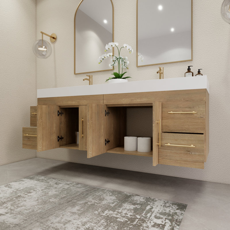 70.8" Wall-Mounted Double Bathroom Vanity Set, Oak