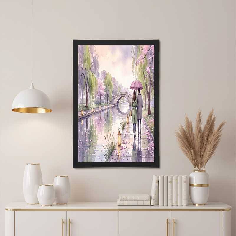 Couple qui marche sous un parasol rose près d'un pont de pierre, art mural sur toile, H 16 po x l 24 po